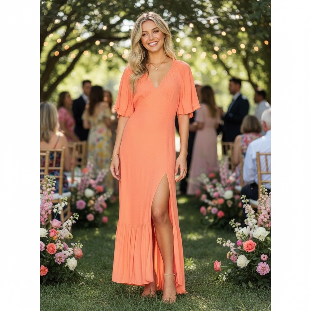 NWT Bobi Black (REVOLVE)‎ Women’s Flutter Sleeve Maxi Dress Wedding Summer